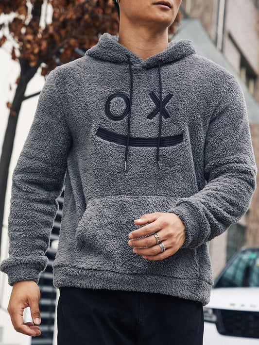 Men's Regular Fit Cartoon Face Embroidery Drawstring Pocket Longsleeves Plush Hoodie, Casual Lounge Long Sleeve Hooded Pullover Tops for Fall & Winter, Men's Clothes for Daily Wear, Menswear