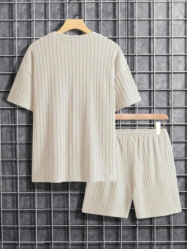 Men's Solid Textured Shorts Suits Set, Casual Plain Drop Shoulder Shortsleeve Crewneck Tee & Drawstring Waist Shorts Set, Summer Outfits 2024 for Formal Wear, Menswear