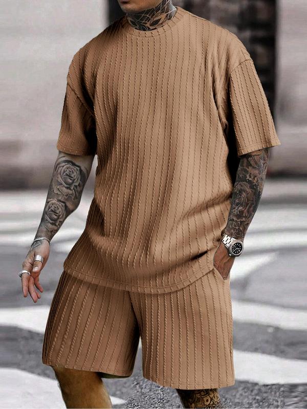 Men's Solid Textured Shorts Suits Set, Casual Plain Drop Shoulder Shortsleeve Crewneck Tee & Drawstring Waist Shorts Set, Summer Outfits 2024 for Formal Wear, Menswear