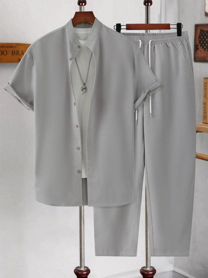 Men's olid Shirt & Drawstring Pocket Pants Set, Summer Clothes, Shortsleeve Button Shirt & Trousers, Summer 2 Piece Set, Matching Sets for Men, Plz Purchase A Size Smaller