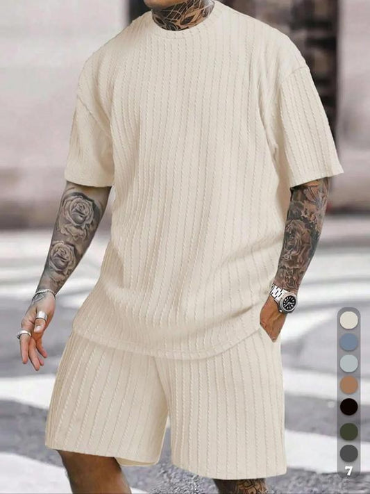 Men's Solid Textured Shorts Suits Set, Casual Plain Drop Shoulder Shortsleeve Crewneck Tee & Drawstring Waist Shorts Set, Summer Outfits 2024 for Formal Wear, Menswear