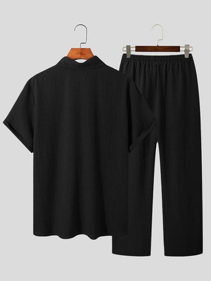 Men's2pcsTexturedDropShoulderShirt& Drawstring Waist Pants Set, Summer Clothes Plain Shawl Collar Top & Trousers for Daily Outdoor Wear, Casual Summer Outfits Clothes Set for Men