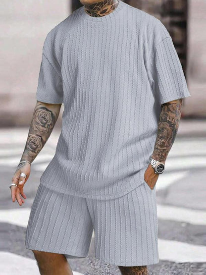 Men's Solid Textured Shorts Suits Set, Casual Plain Drop Shoulder Shortsleeve Crewneck Tee & Drawstring Waist Shorts Set, Summer Outfits 2024 for Formal Wear, Menswear