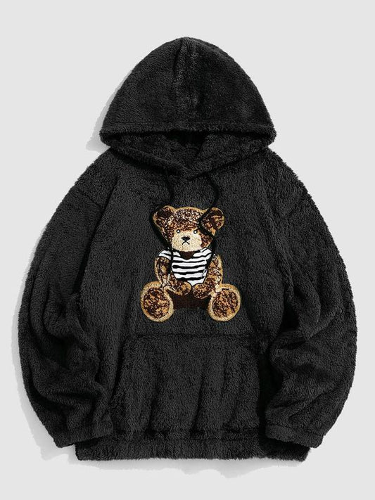 Unisex Valentine's Day Men's Loose Cartoon Bear Embroidered Print Drawstring Plush Hoodie, Casual Pocket Long Sleeve Hooded Sweatshirt, Men Clothes for Fall & Winter Daily Wear, Versatile Street Style Menswear, Cozy Fall Outfits